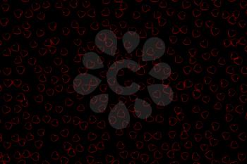 Valentine's Day abstract 3D illustration pattern with black hearts on dark background surrounded by red glow.
