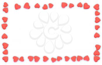 Valentine's Day abstract 3D frame or card made from small red, pink or rosy hearts on white background.