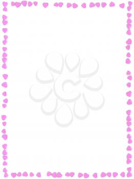 Valentine's Day abstract 3D frame or card made from small pink or rosy hearts on white background.