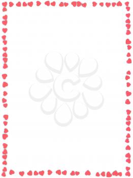 Valentine's Day abstract 3D frame or card made from small red or pink hearts on white background.