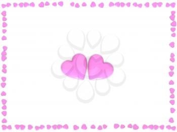 Valentine's Day abstract 3D illustration of two big pink or rose hearts and frame made from small hearts on white background.