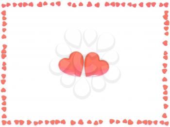 Valentine's Day abstract 3D illustration of two big red hearts and frame made from small hearts on white background.