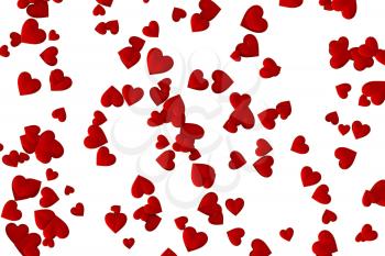 Valentine's Day abstract 3D illustration pattern with randomly placed red hearts on white background.