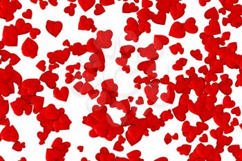 Valentine's Day abstract 3D illustration pattern with randomly placed red hearts on white background.
