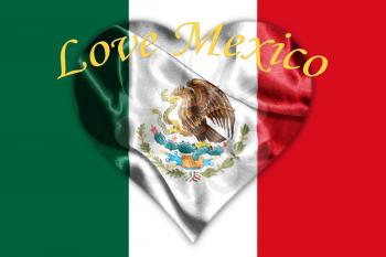 Mexican National Flag With Eagle Coat Of Arms and Text. Love Mexico, 3D Rendering