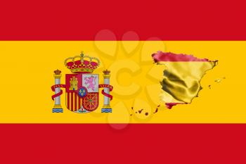 Spanish National Flag With Coat Of Arms and Map Of Spain 3D illustration