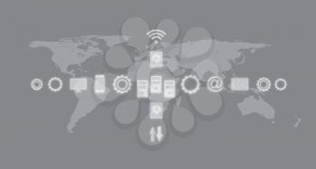 Services and Icons, Internet of Things, Networks, Communication. Business Concept With World Map In The  Background