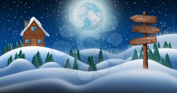 Santa Clause House in Snow Fields In Winter Christmas Night With Directional Sign 