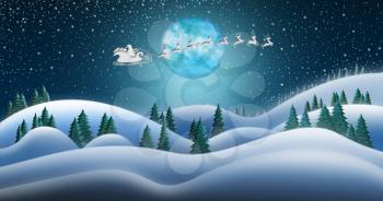 Santa Clause and Reindeers Sleighing Through Christmas Night Over the Snow Fields at North Pole