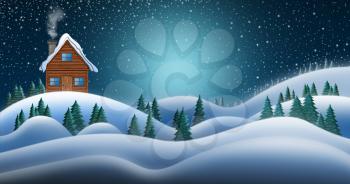 Santa Clause House at North Pole in Snow Fields In Winter Christmas Night