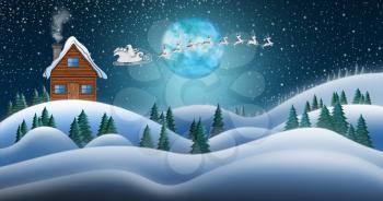 Santa Clause and Reindeers Sleighing Through Christmas Night Over the Snow Fields and Santas House at North Pole 
