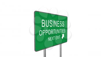 Business Opportunities Next Exit Green Road Sign With Direction Arrow Isolated On White Background. Business Concept 3D Rendering