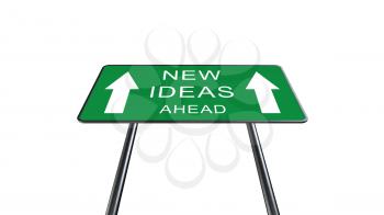 New Ideas Ahead Green Road Sign Isolated On White Background. Business Concept 3D Rendering