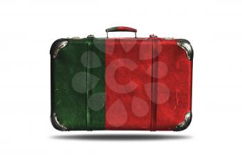 Travel Vintage Leather Suitcase With Flag Of Portugal Isolated On White Background