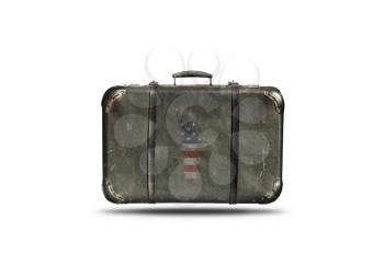 Travel Vintage Leather Suitcase With American Flag in Shape Of Statue of Liberty. Happy 4th of July Independence Day United States Of America 