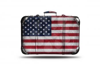Travel Vintage Leather Suitcase With Flag Of United States Of America Isolated On White Background