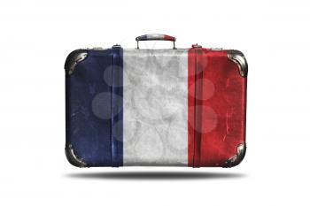 Travel Vintage Leather Suitcase With Flag Of France Isolated On White Background