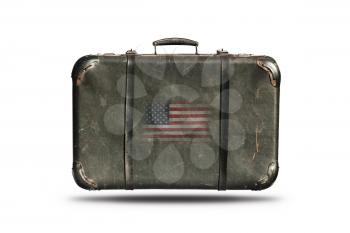 Travel Vintage Leather Suitcase With Flag Of United States Of America Isolated On White Background