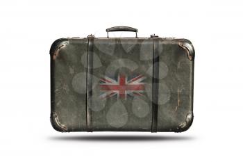 Travel Vintage Leather Suitcase With Flag Of Great Britain Isolated On White Background