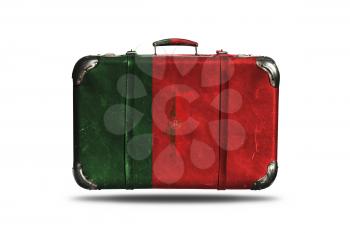 Travel Vintage Leather Suitcase With Flag Of Portugal and Portuguese Country Map Isolated On White Background