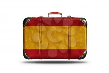 Travel Vintage Leather Suitcase With Flag Of Spain Isolated On White Background