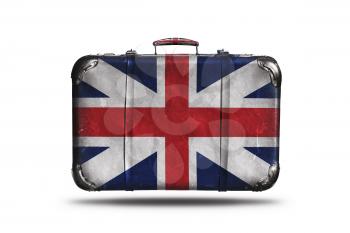 Travel Vintage Leather Suitcase With Flag Of Great Britain Isolated On White Background