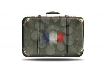 Travel Vintage Leather Suitcase With Flag Of France Isolated On White Background