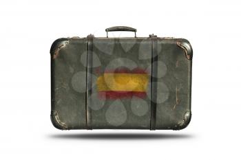 Travel Vintage Leather Suitcase With Flag Of Spain Isolated On White Background