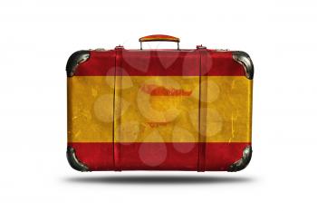 Travel Vintage Leather Suitcase With Flag Of Spain and Spanish Country Map Isolated On White Background
