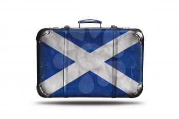 Travel Vintage Leather Suitcase With Flag Of Scotland Isolated On White Background