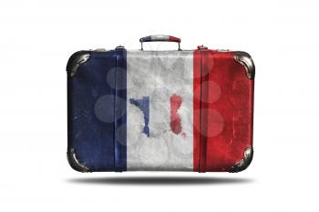 Travel Vintage Leather Suitcase With Flag Of France and French Map Isolated On White Background