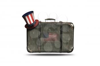 Travel Vintage Leather Suitcase With Uncle Sam's Hat and American Flag. Happy 4th of July Independence Day United States Of America 