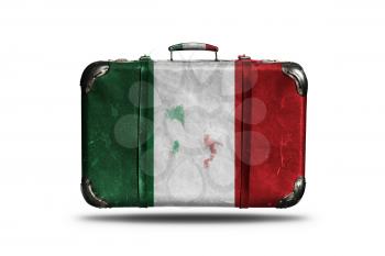 Travel Vintage Leather Suitcase With Flag Of Italy and Italian Country Map Isolated On White Background