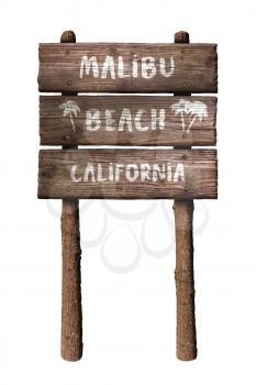 Malibu Beach California Rustic Wooden Board Sign Isolated On White Background 