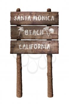 Santa Monica Beach California Wooden Board Sign Isolated On White Background 