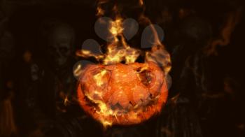 Halloween Pumpkin, Jack O’ Lantern Burning in Flames in a Haunted, Scary Ambient With Grim Reaper and Skeletons