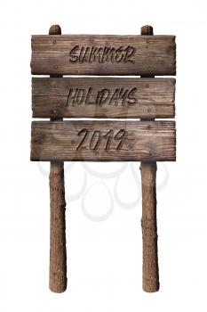 Summer Wooden Board Sign with Text, Summer Holidays 2019 Isolated On White Background