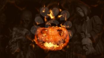 Halloween Pumpkin, Jack O’ Lantern Burning in Flames in a Haunted, Scary Ambient With Grim Reaper and Skeletons