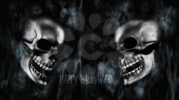 Happy Halloween. Human Skulls With Smoke And Fire 3D Rendering