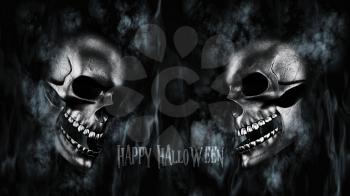 Happy Halloween. Human Skulls With Smoke And Fire 3D Rendering
