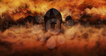 Cemetery At Night With Tombstones With Skulls And Burning Sky Full Of Clouds and Stars in The Background. Halloween Concept 3D illustration
