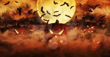 Halloween Pumpkins At The Cemetery Rising From The Mist With Clouds and The Moon In The Background 3D illustration 