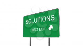 Solutions Next Exit Green Road Sign With Direction Arrow Isolated On White Background. Business Concept 3D Rendering