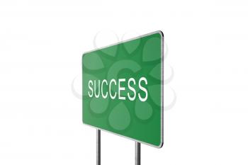 Success Green Road Sign Isolated On White Background. Business Concept 3D Rendering