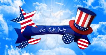 Happy 4th of July. Glasses and Mustache Design of the American Flag With Hat of Uncle Sam and Ribbon Banner On Sky Background 3D illustration