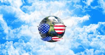 Planet Earth With Sunglasses and Mustaches. United States of America Flag. Independence Day Concept 3D illustration