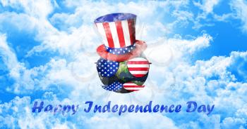 Planet Earth With Uncle Sam's Hat, Sunglasses and Mustaches. United States of America Flag. Independence Day Concept 3D illustration