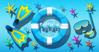 Summer Holiday At Swimming Pool With Scuba Mask, Flippers and Safety Ring Floating On a Blue Water Surface
