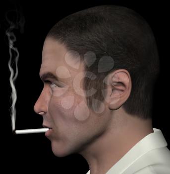 Man smoking and cigarette smoke 3d illustration.
