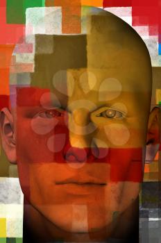 Man portrait with colorful squares abstract modern artistic pattern. 3d illustration.